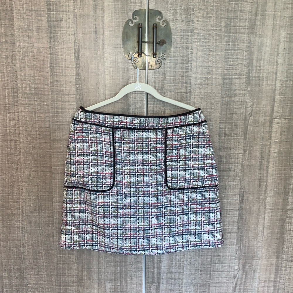 LOFT Tweed Plaid Patch Pockets Lined Academia Back Zip Shift Mini Skirt